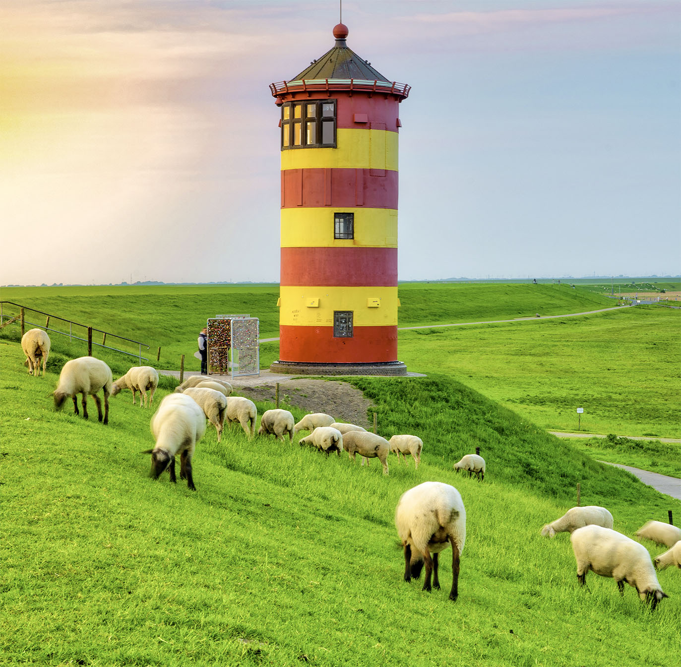 Lighthouse on hillside with sheep grazing