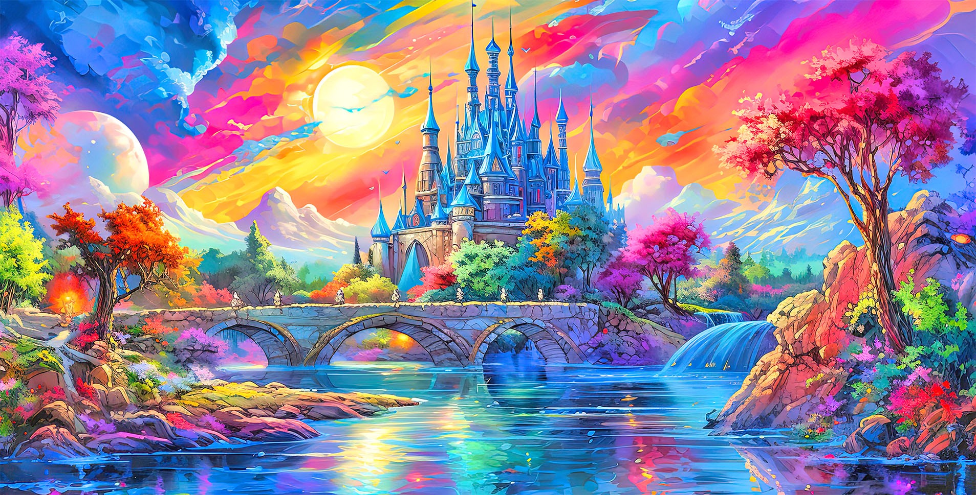 Colorful fantasy castle on river