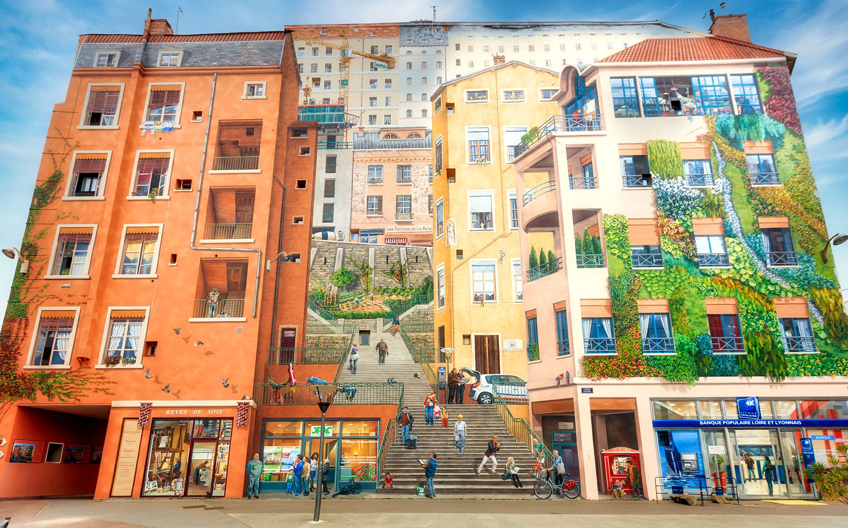 Mural building street scene vibrant colors