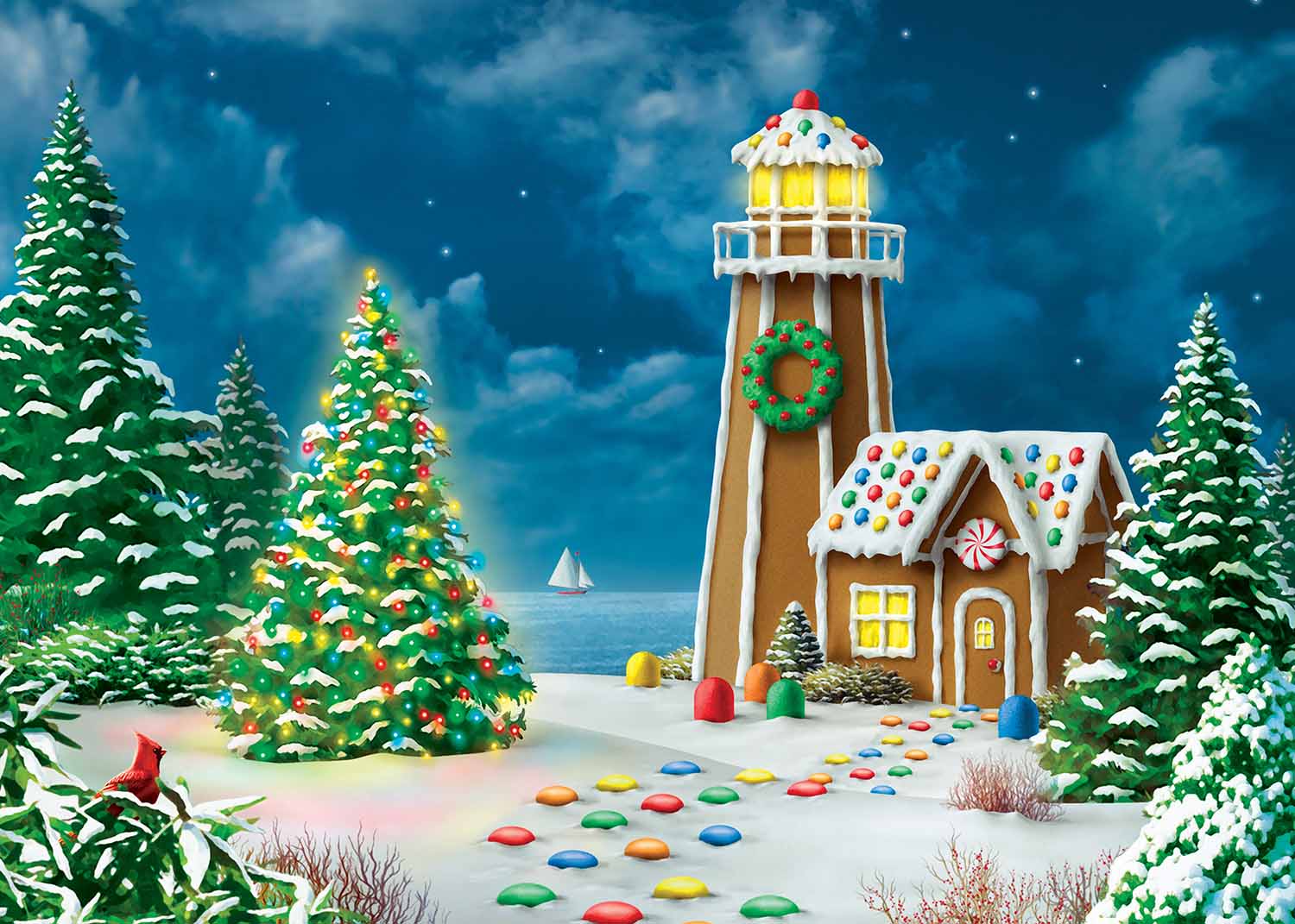 Gingerbread lighthouse in winter