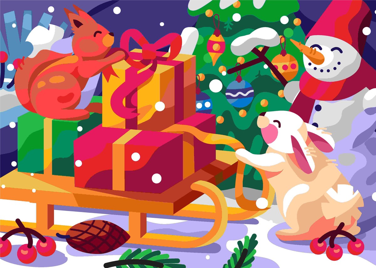 Festive animals preparing gifts