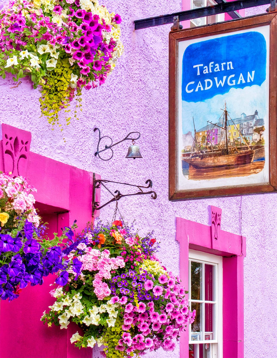 Pink flower pots, pub sign, purple flowers