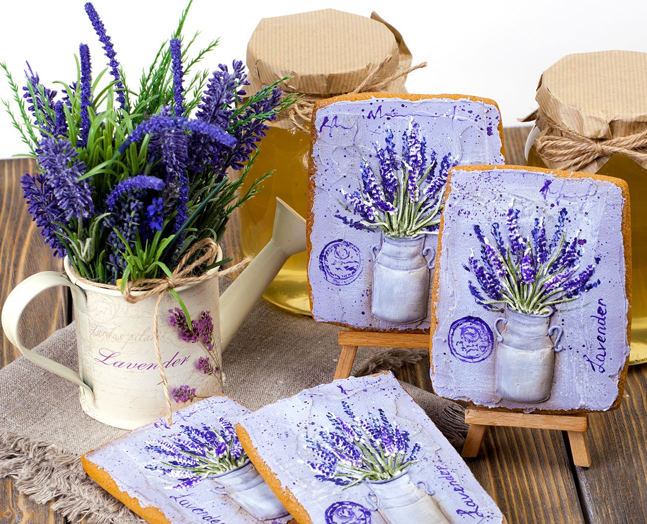 Blue lavender, wooden signs, purple sign