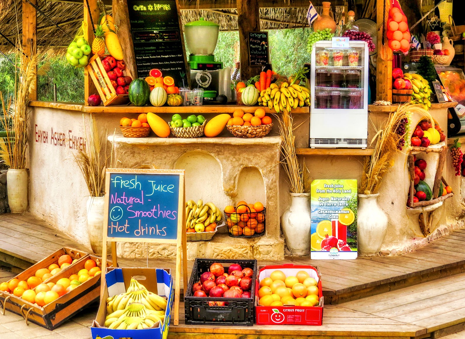 Fruit stand with sign