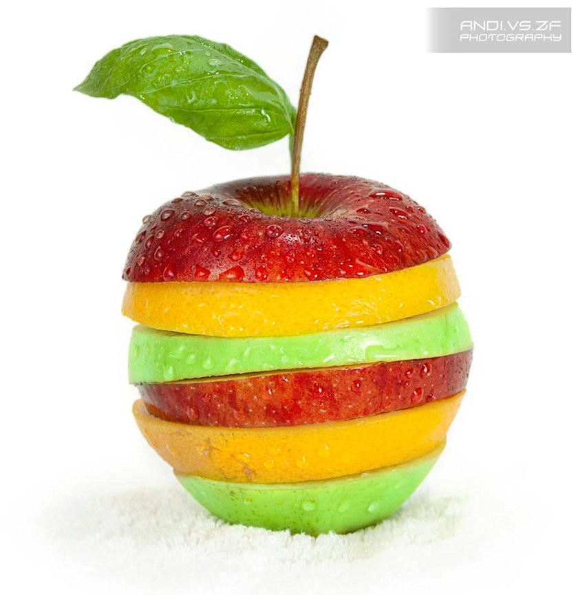 Apple slices in different fruit slices with leaf on top
