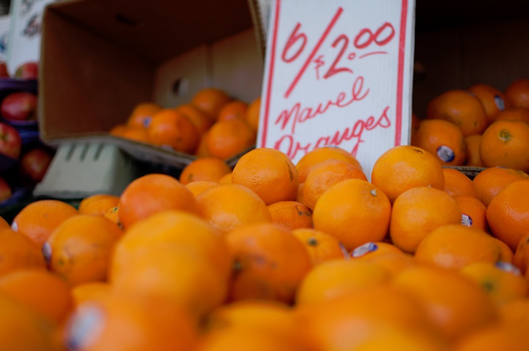 Priced oranges on display