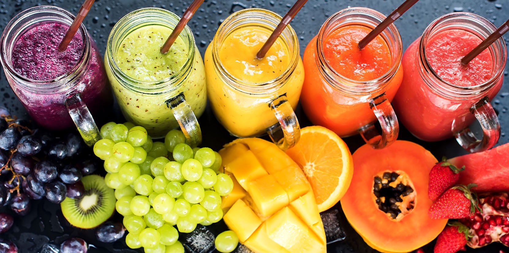Fruit juice array, colorful, visually appealing