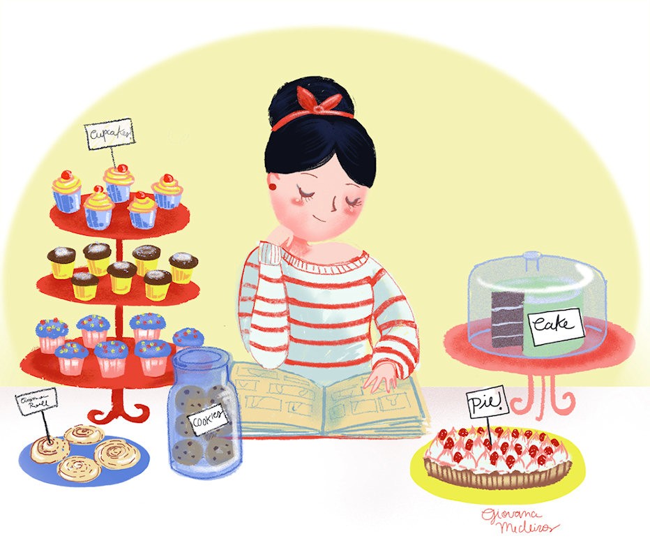 Cartoon girl at cupcake stand