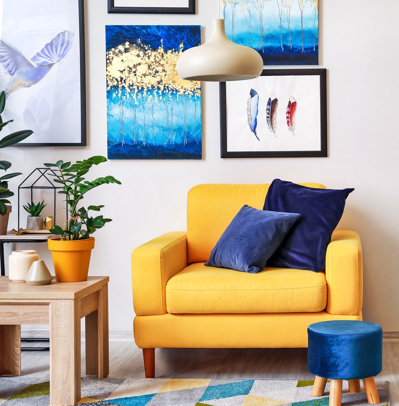Art wall, lamp, sofa, plant, pillows