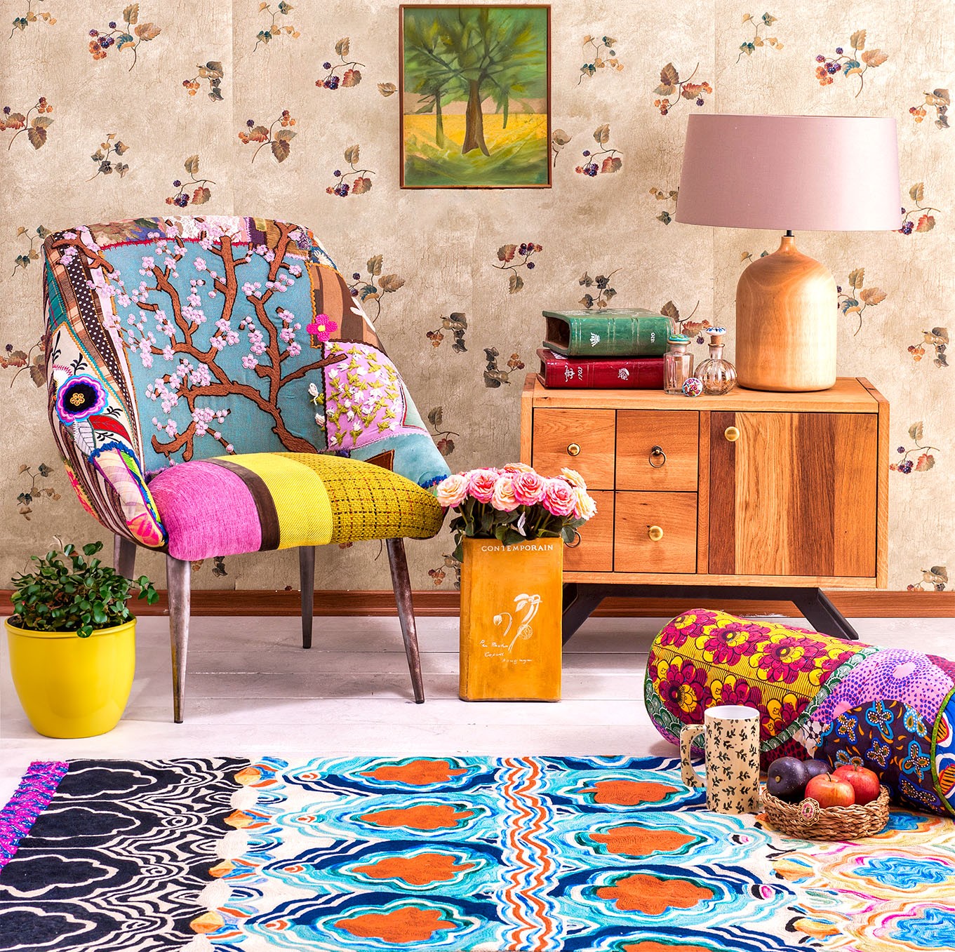 Colorful living room with chair and couch