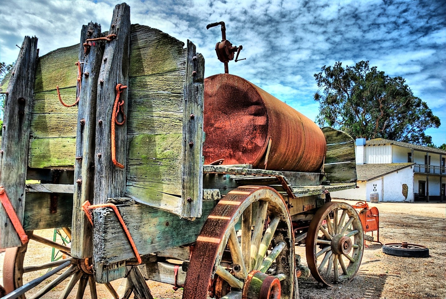 Vintage trailer, old rusted truck, horse drawn carriage
