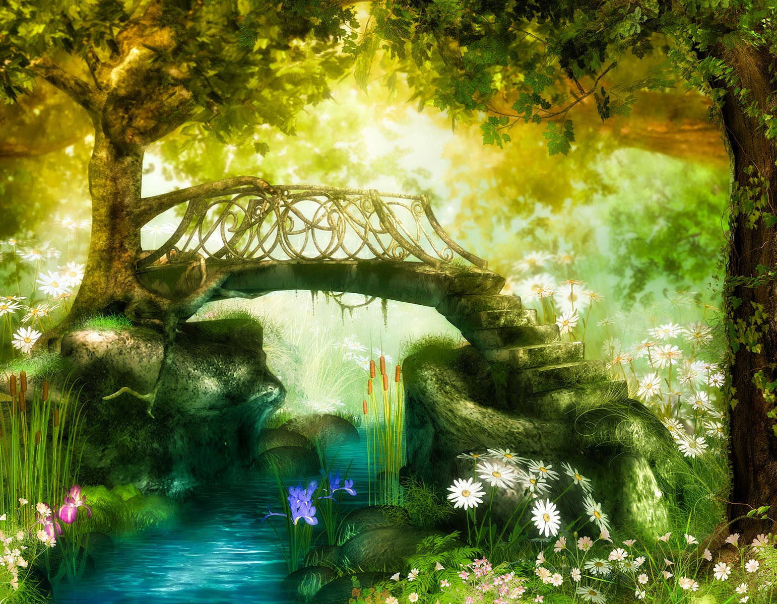 Bridge over water and plants, wood, brick, stone, trees, flowers