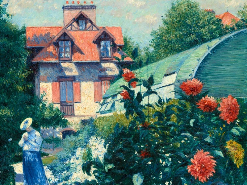 Patchwork garden with flowers and woman