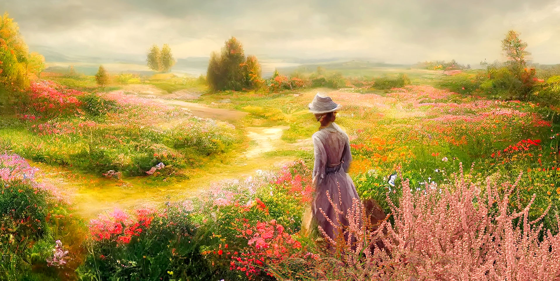 Painting of woman walking path, flowers, mountains