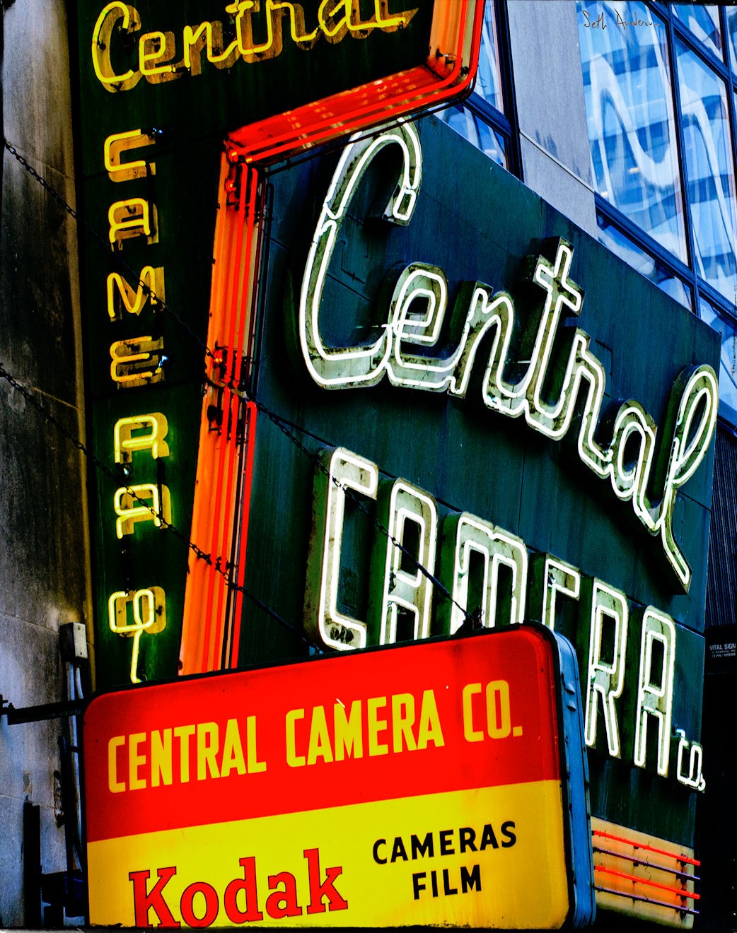 Central camera co. kodak film advertisement neon sign building