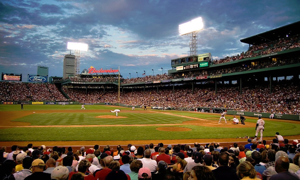 Sports stadium at sunset